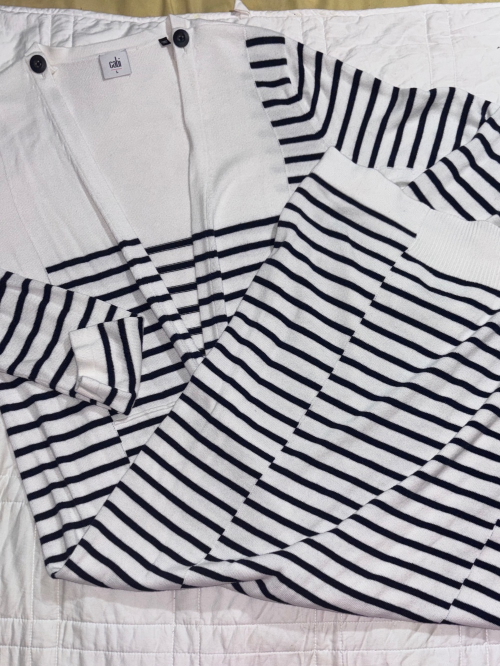 CAbi White and Black Striped Open-Front Cardigan